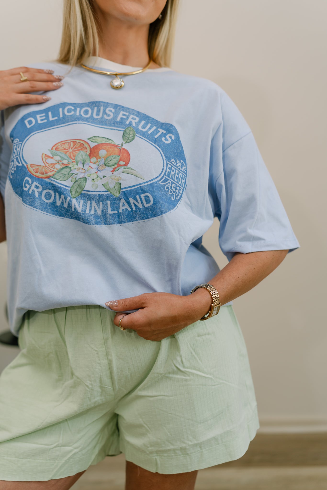 green linen shorts