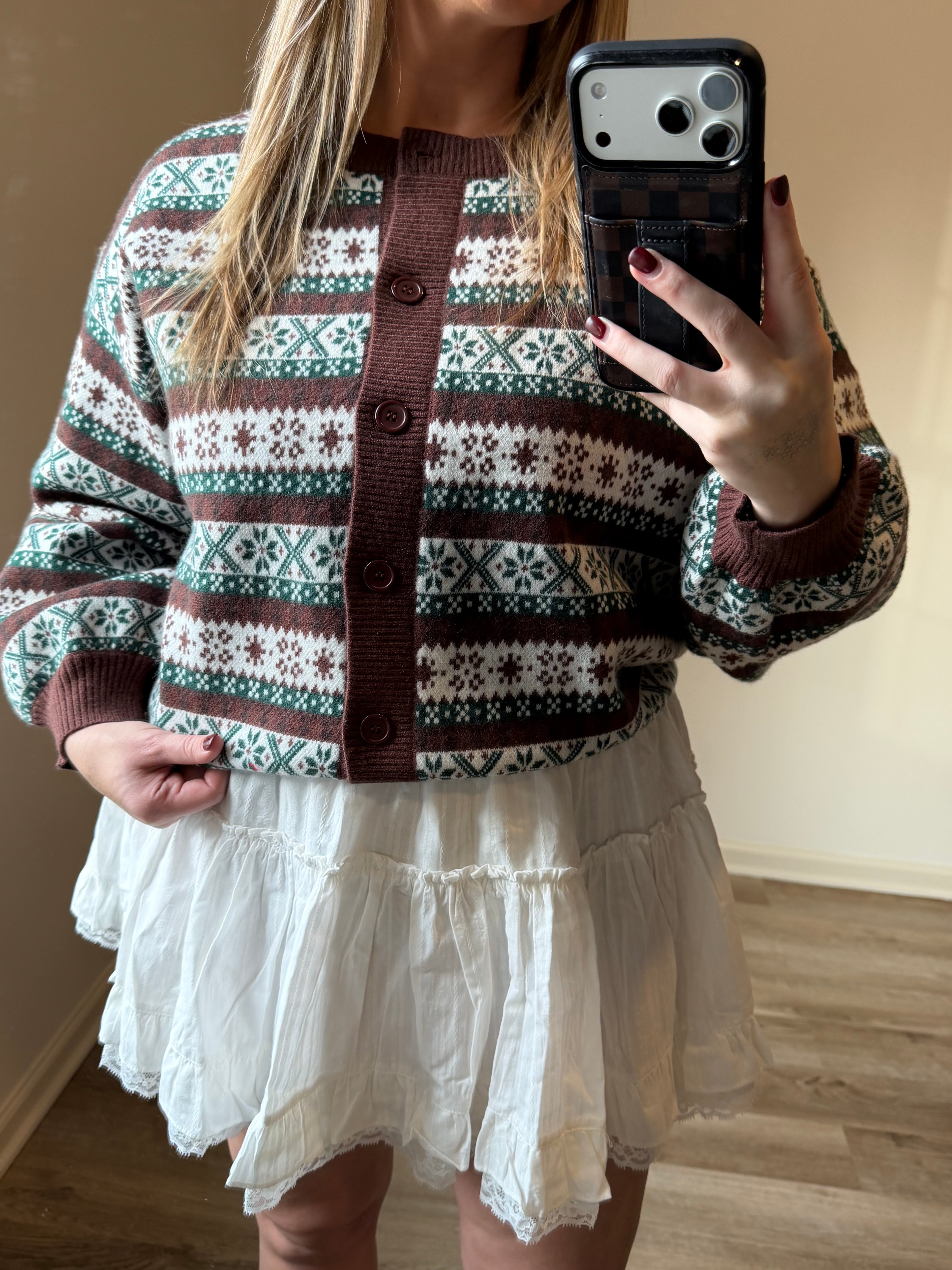 ROUND NECK LONG SLEEVE BUTTON UP GRAPHIC SWEATER CARDIGAN