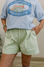 green linen shorts