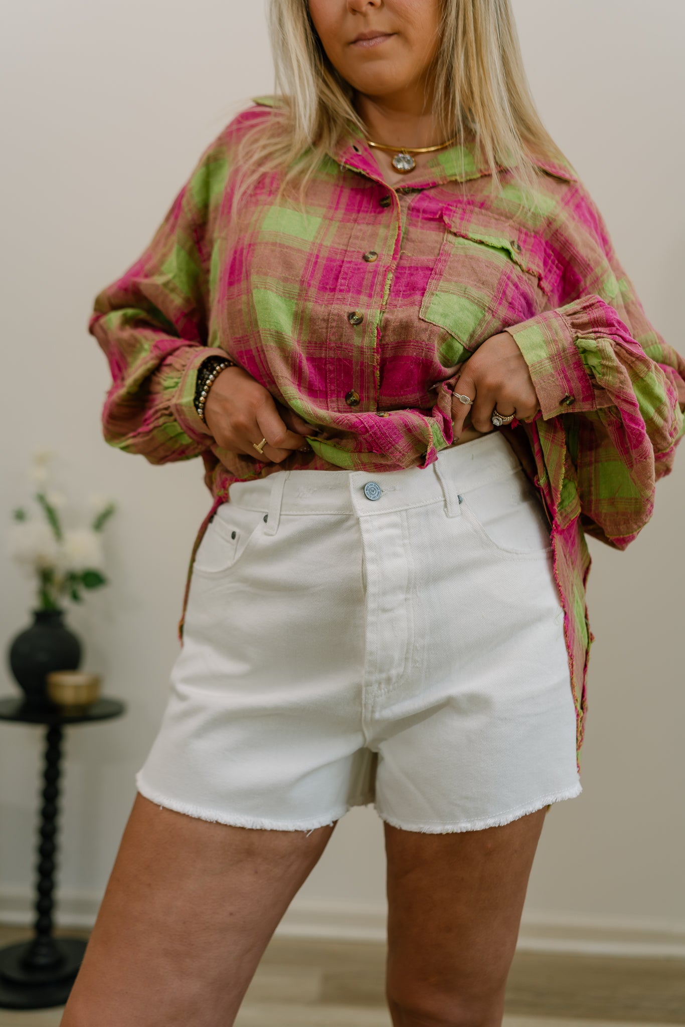 white denim shorts
