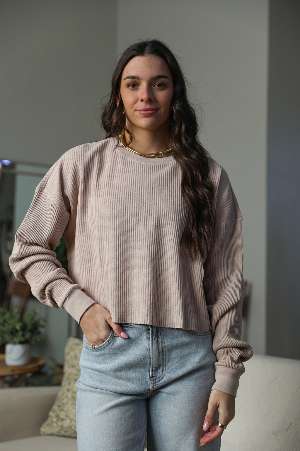 Mineral Washed Waffle Long Sleeve Top