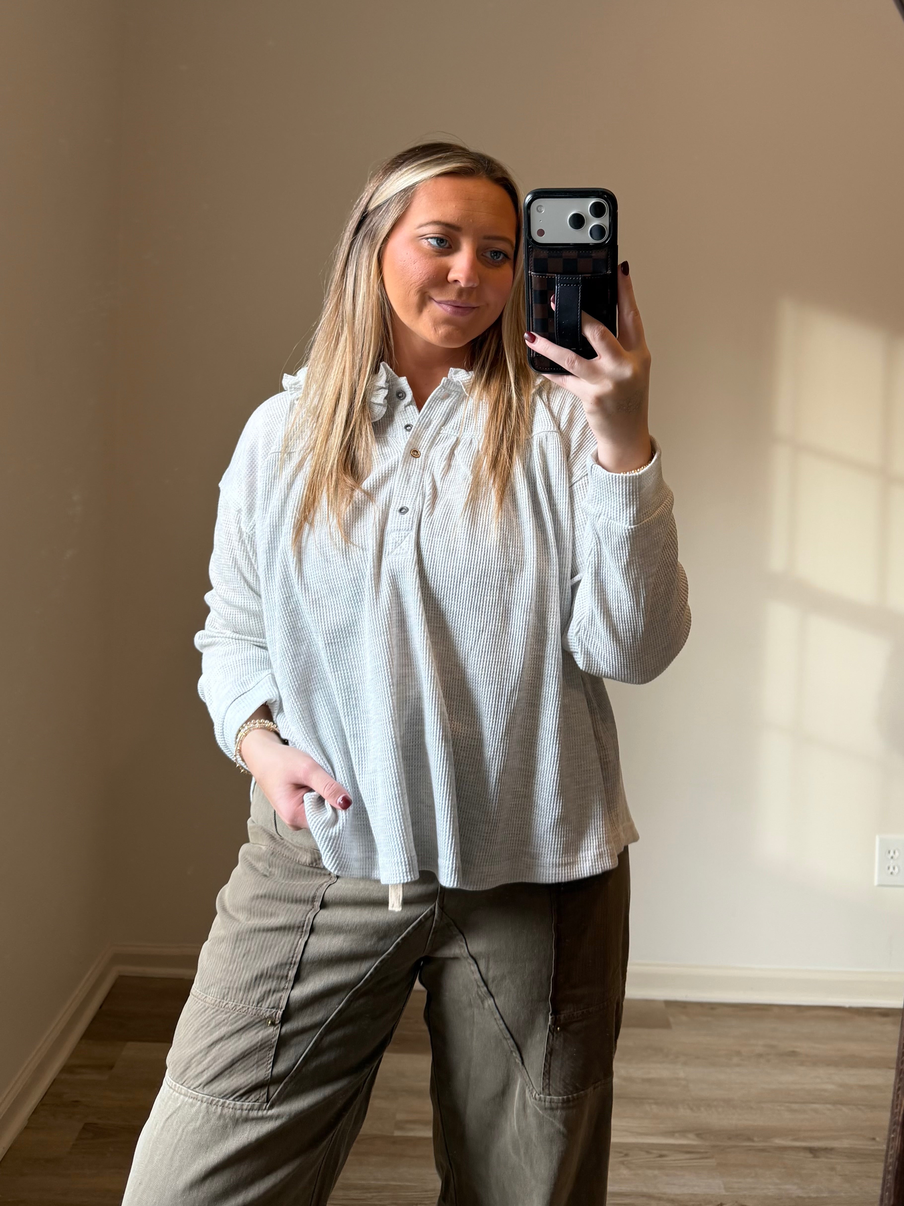 PETER PAN COLLARED THERMAL LONG SLEEVE BUTTON UP TOP