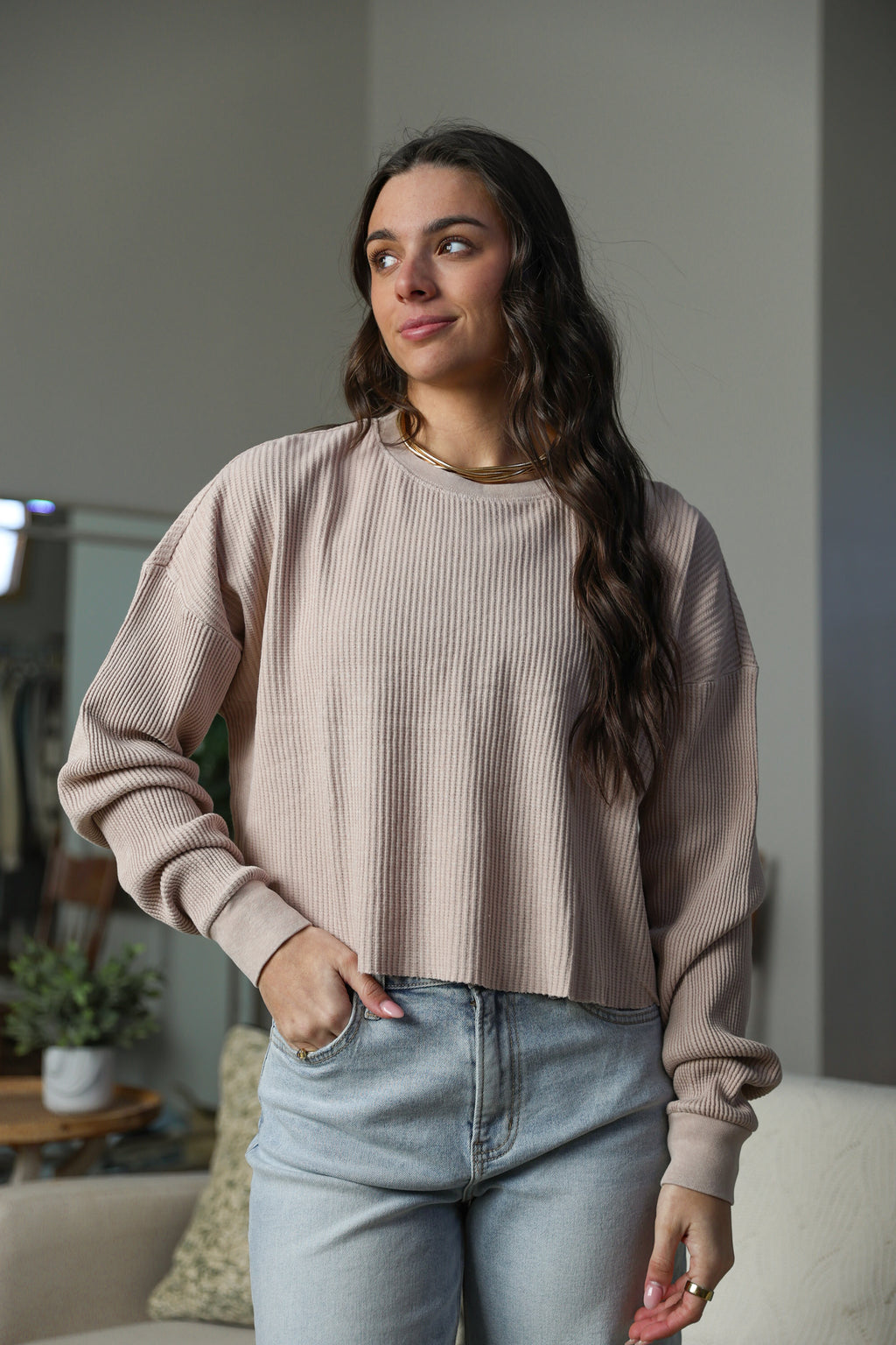 Mineral Washed Waffle Long Sleeve Top