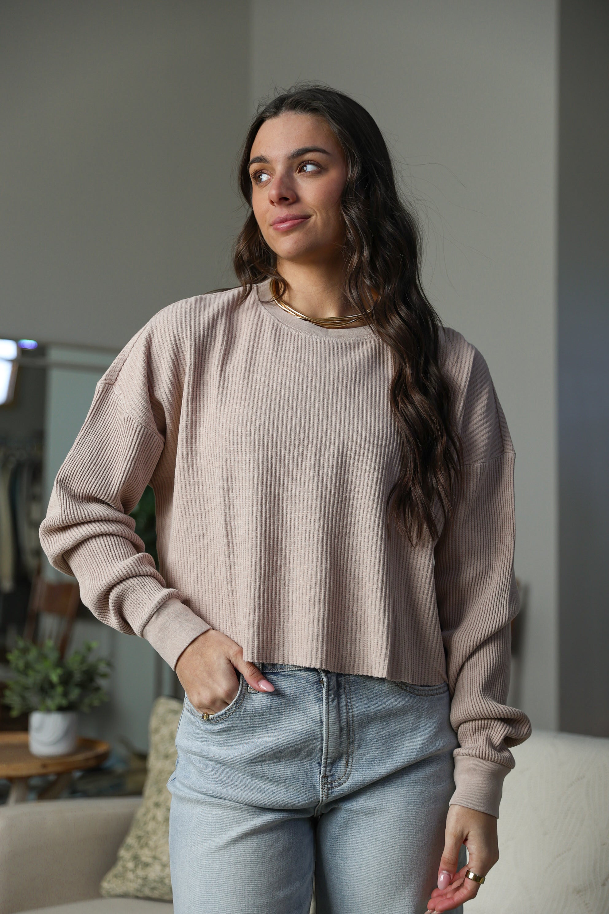 Mineral Washed Waffle Long Sleeve Top