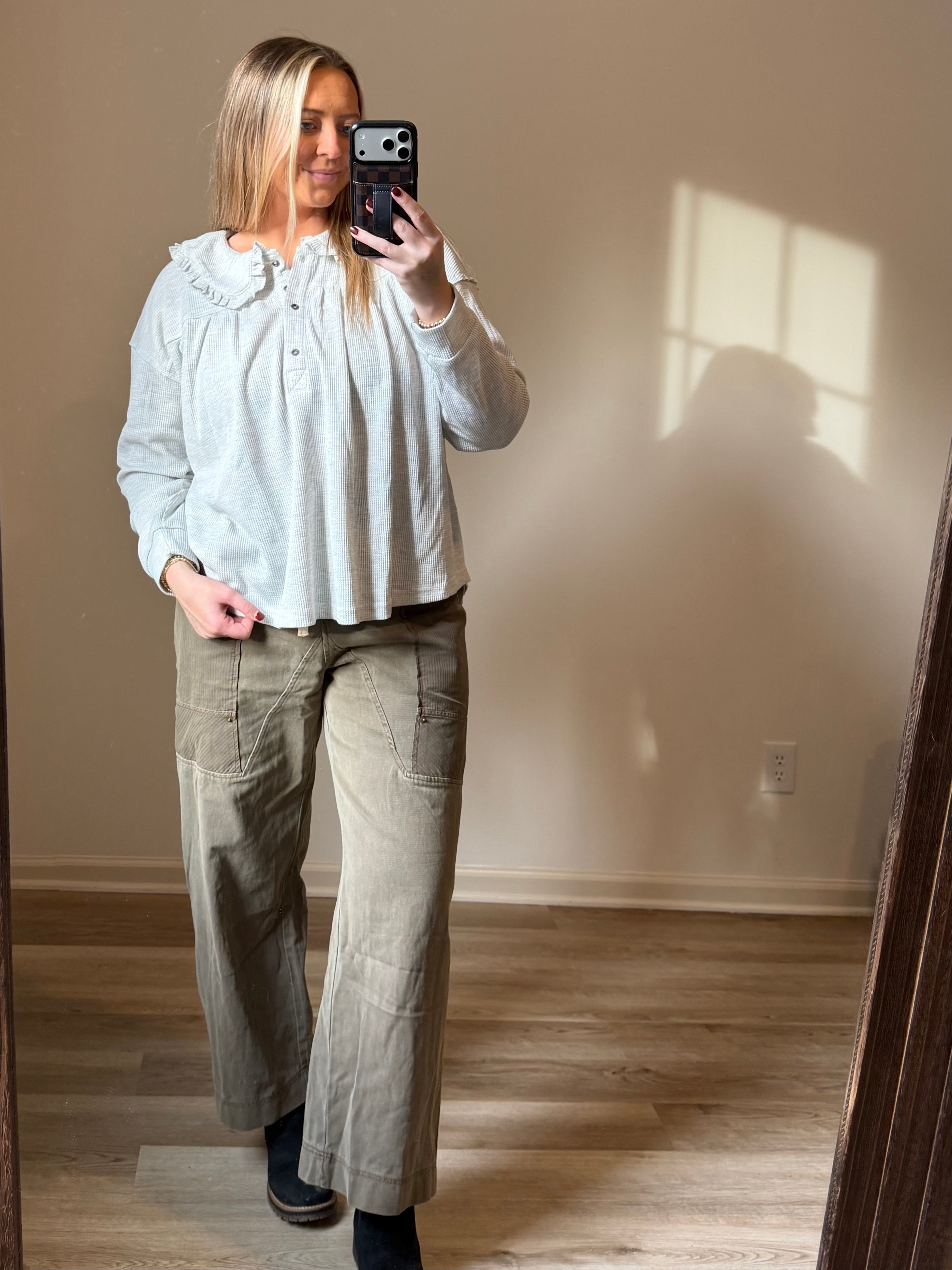 PETER PAN COLLARED THERMAL LONG SLEEVE BUTTON UP TOP