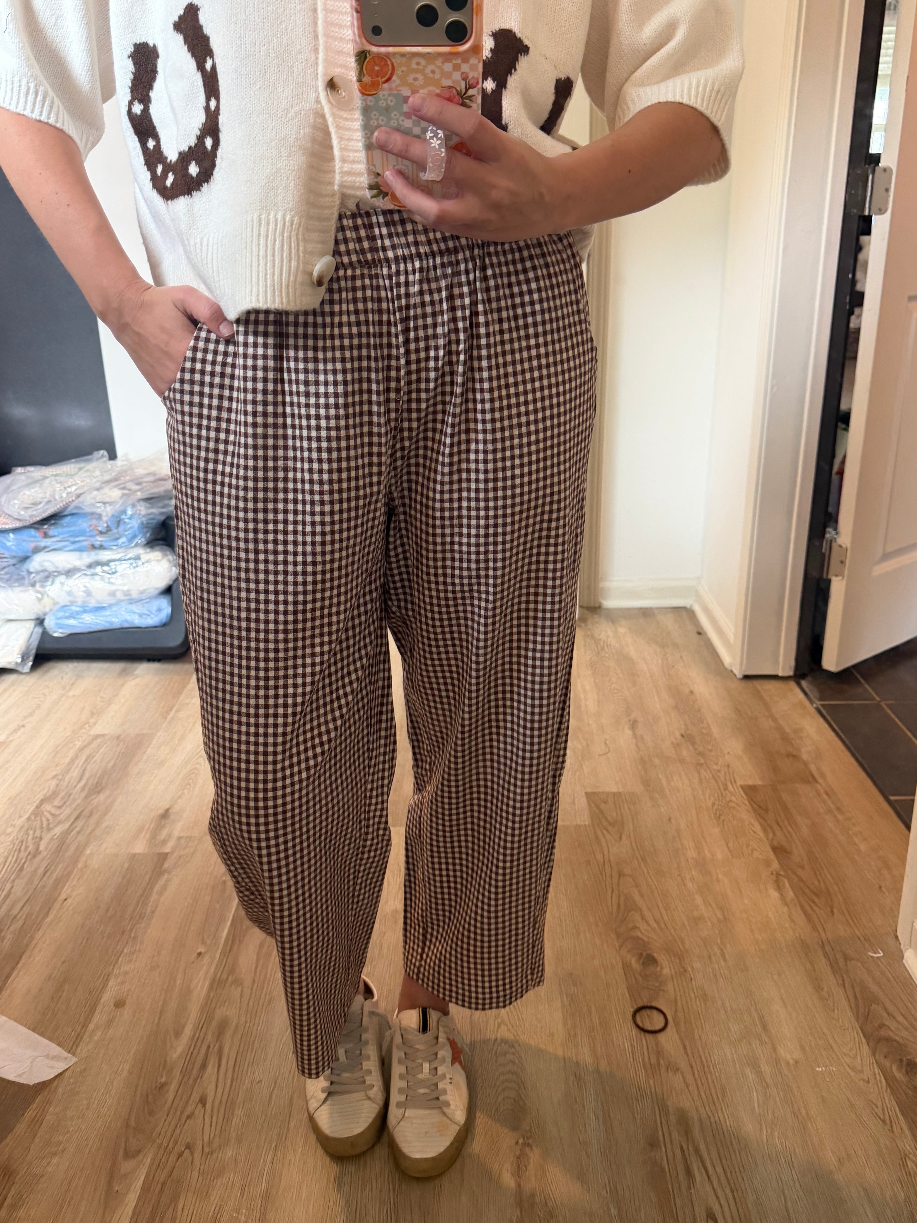 brown gingham barrels