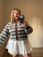 ROUND NECK LONG SLEEVE BUTTON UP GRAPHIC SWEATER CARDIGAN