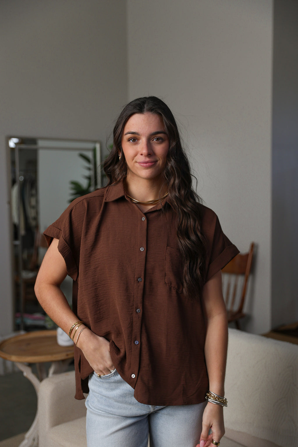 Mocha Button Up Top