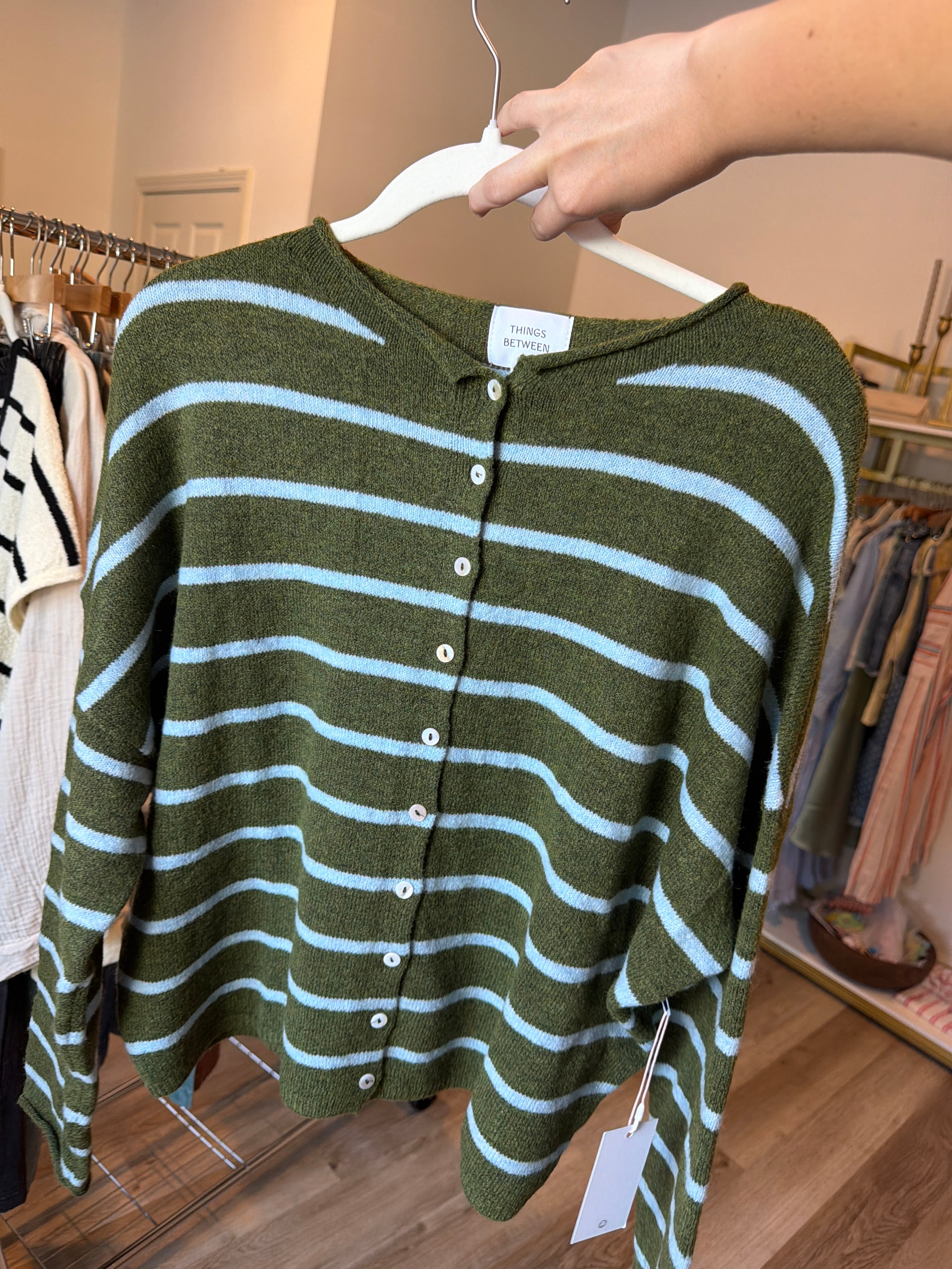 green and blue stripped cardi