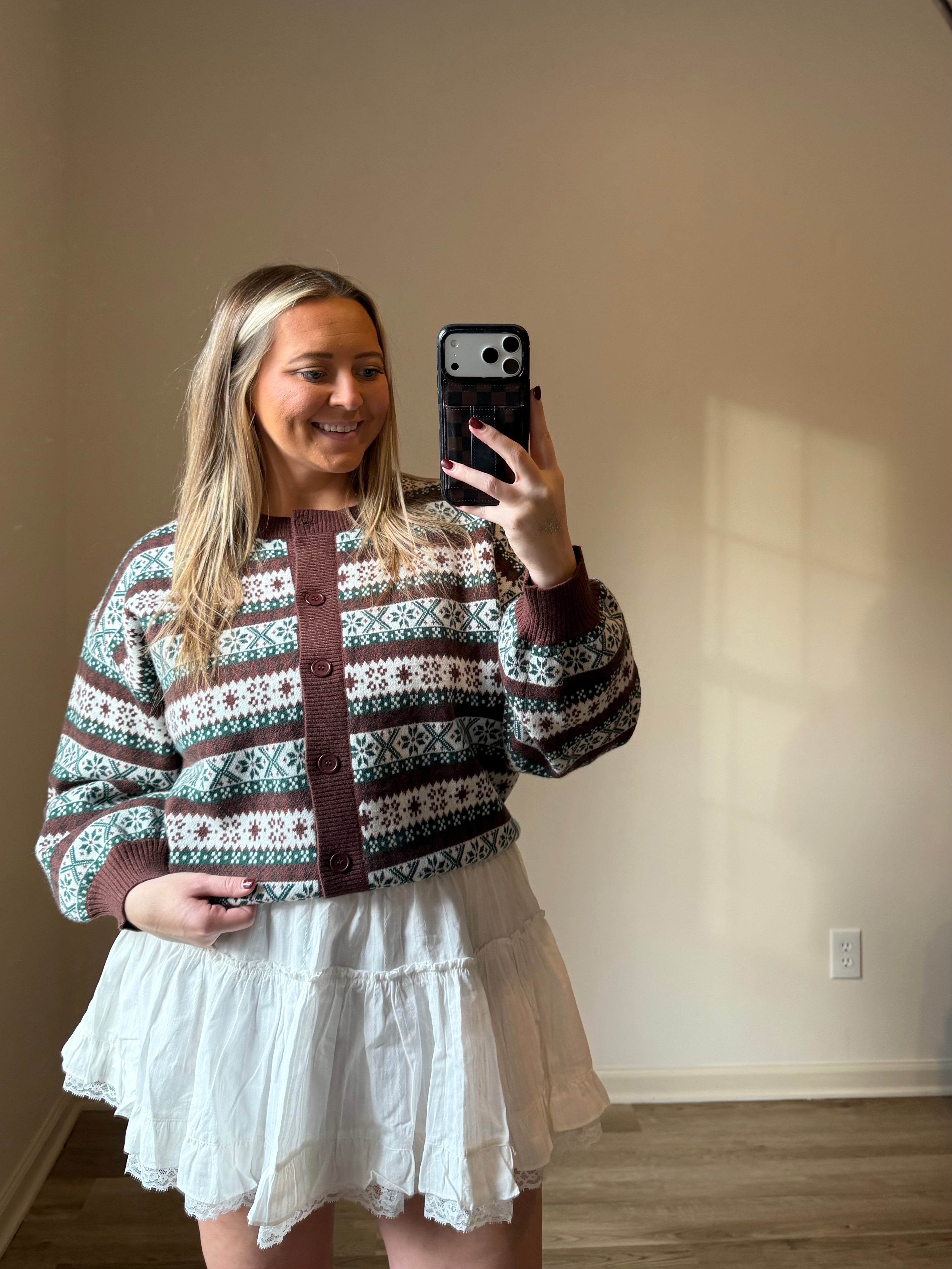 ROUND NECK LONG SLEEVE BUTTON UP GRAPHIC SWEATER CARDIGAN