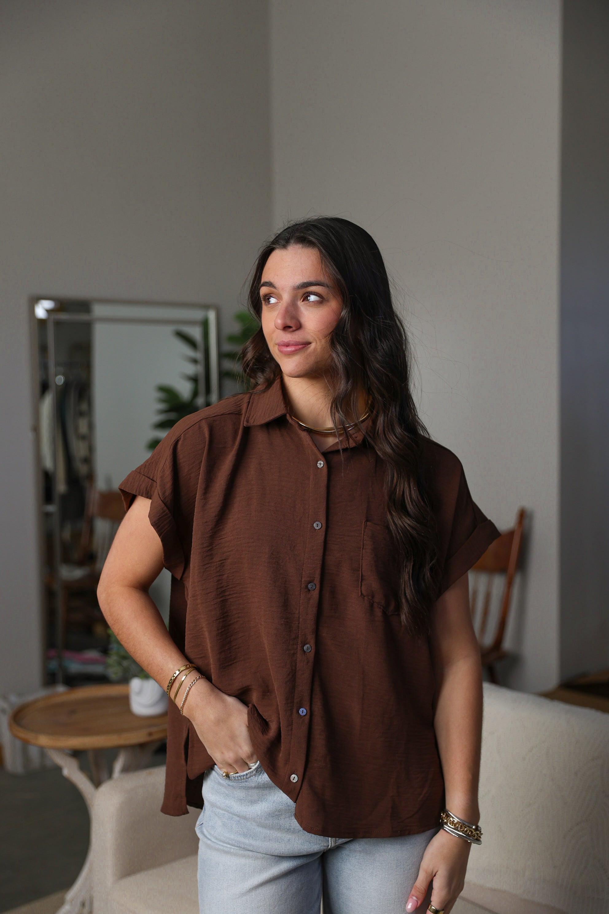Mocha Button Up Top