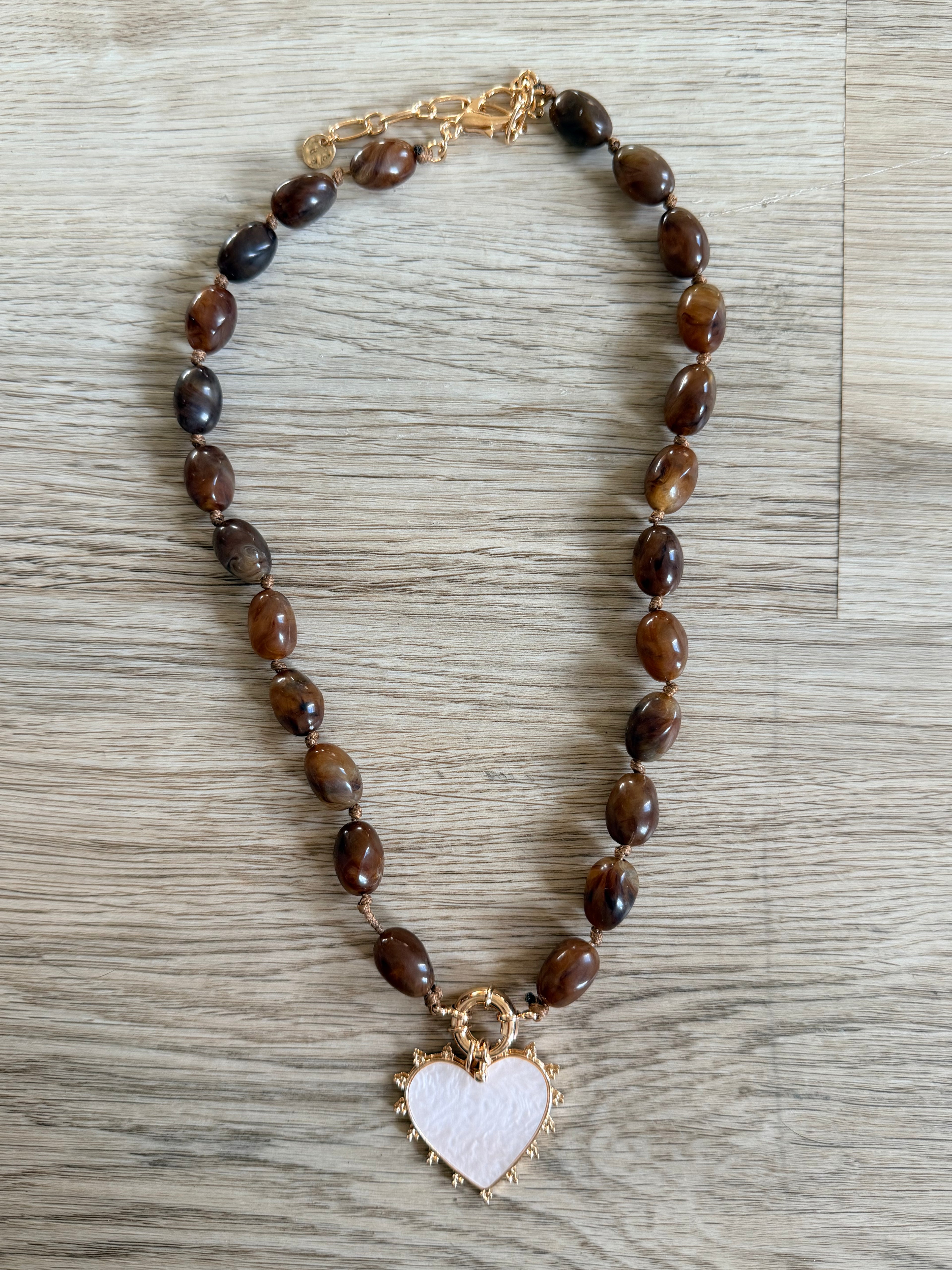 Mother of Pearl Heart Pendant Marbled Resin Oval Beaded Necklace