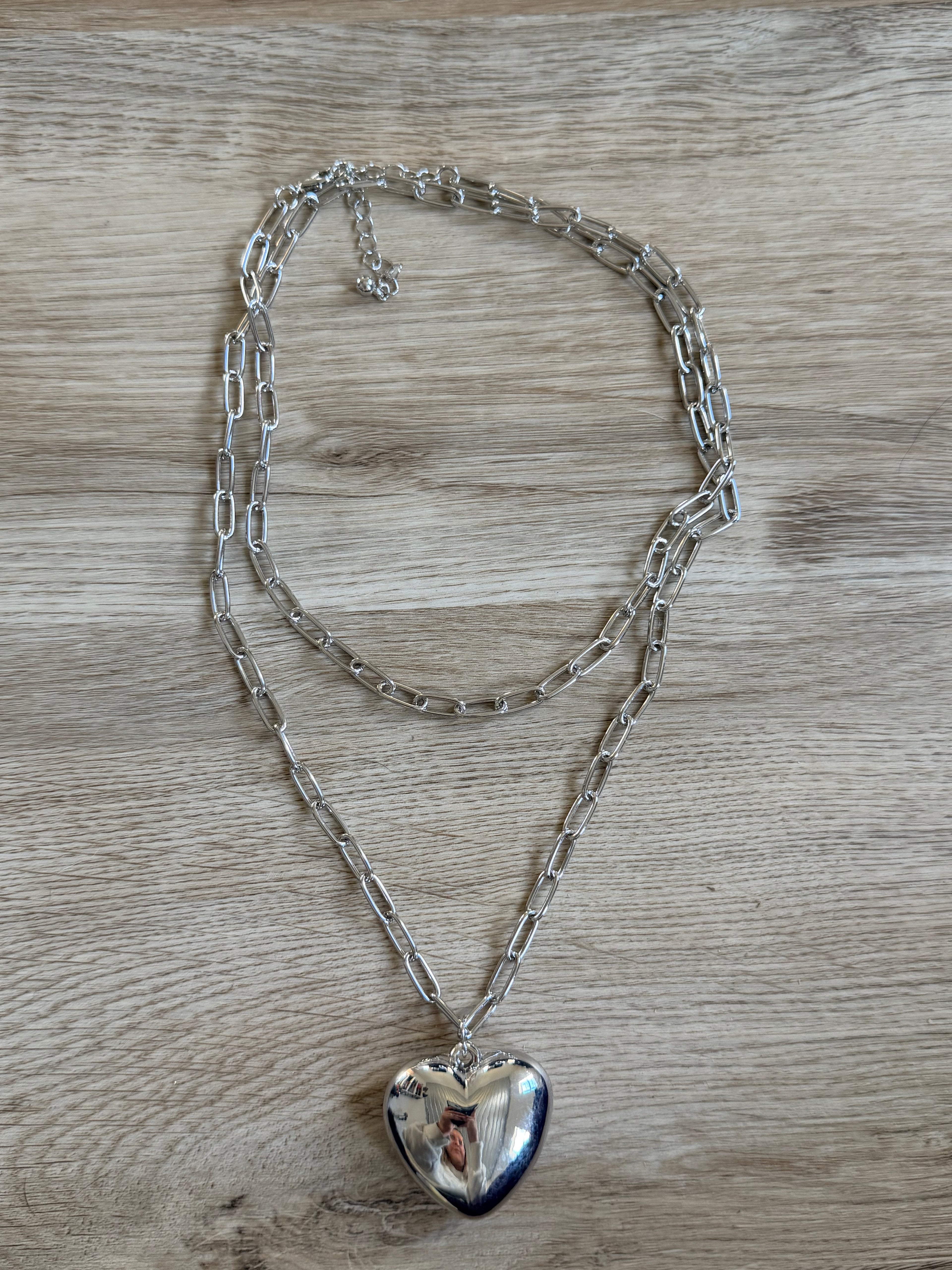 Metal Puffy Heart Pendant Paperclip Chain Long Necklace