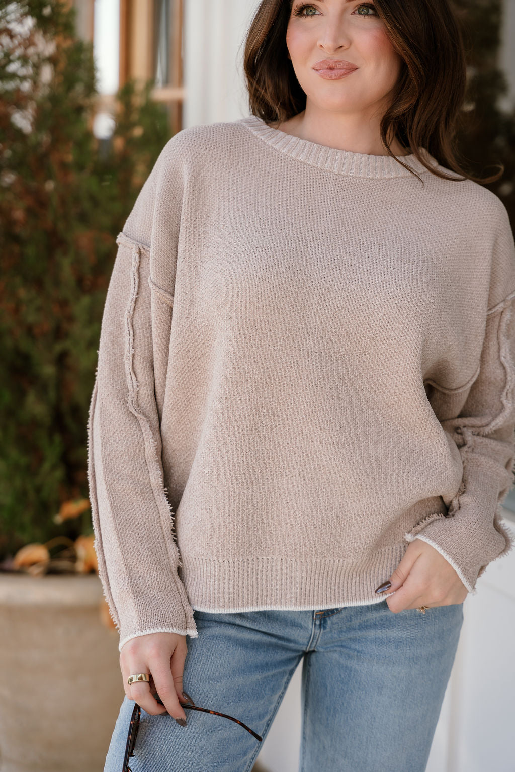 Exposed Seam Round Neck Sweater