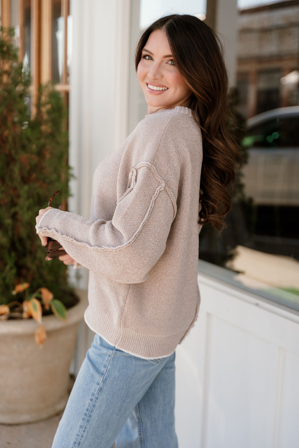 Exposed Seam Round Neck Sweater