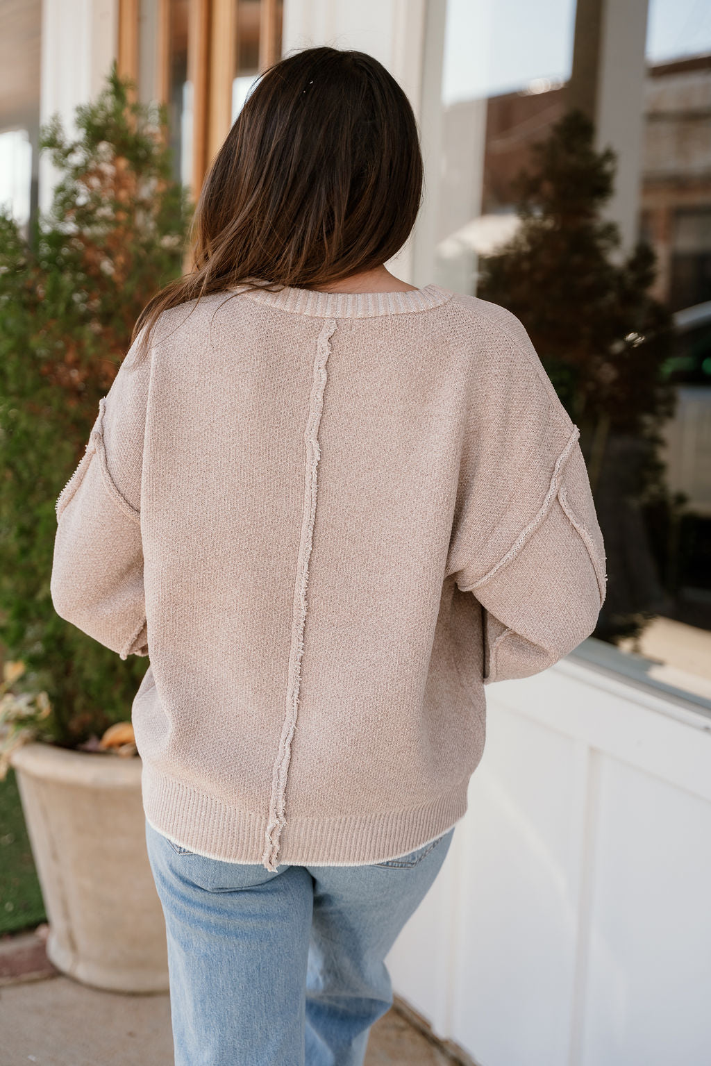 Exposed Seam Round Neck Sweater