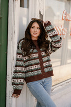 ROUND NECK LONG SLEEVE BUTTON UP GRAPHIC SWEATER CARDIGAN