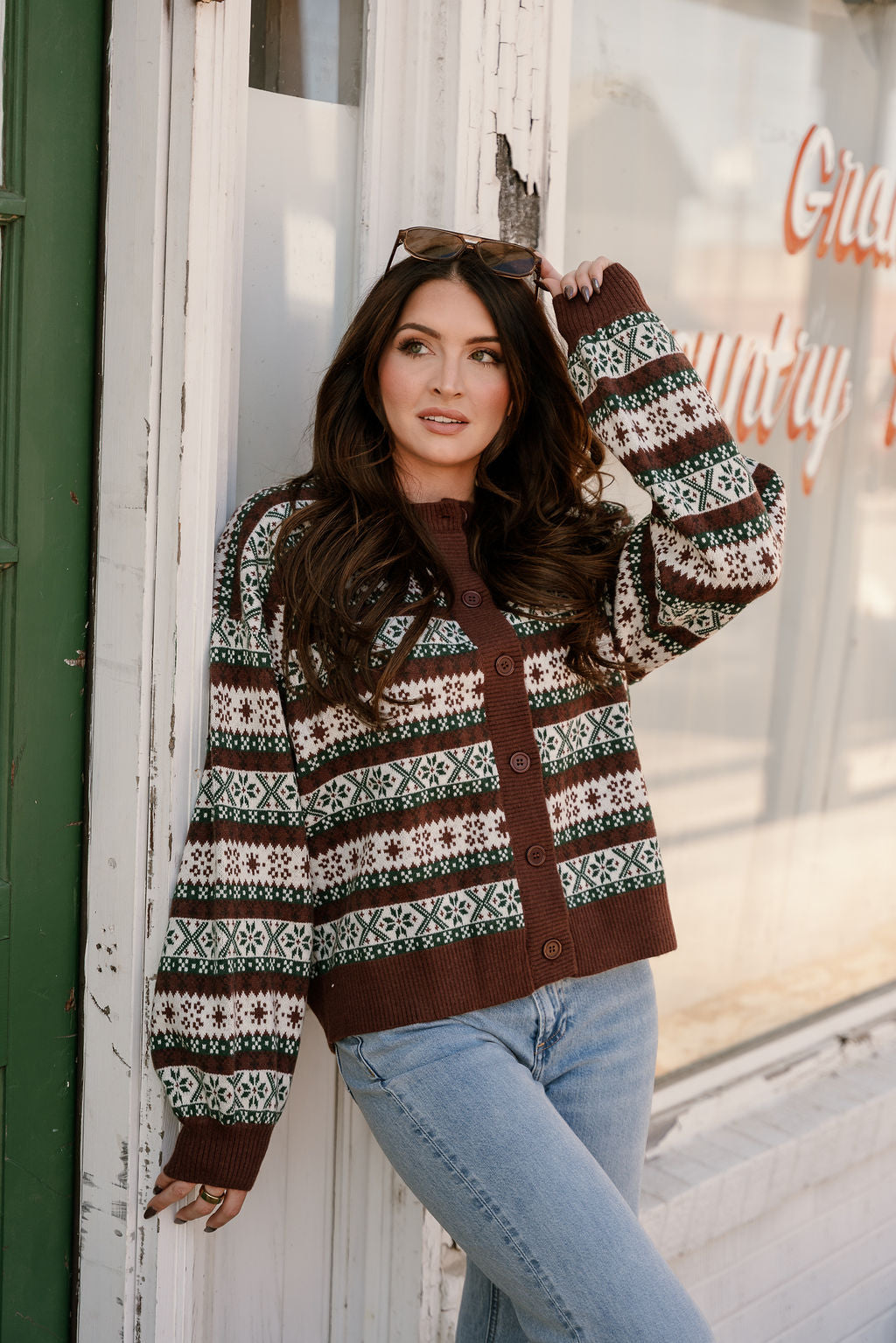 ROUND NECK LONG SLEEVE BUTTON UP GRAPHIC SWEATER CARDIGAN