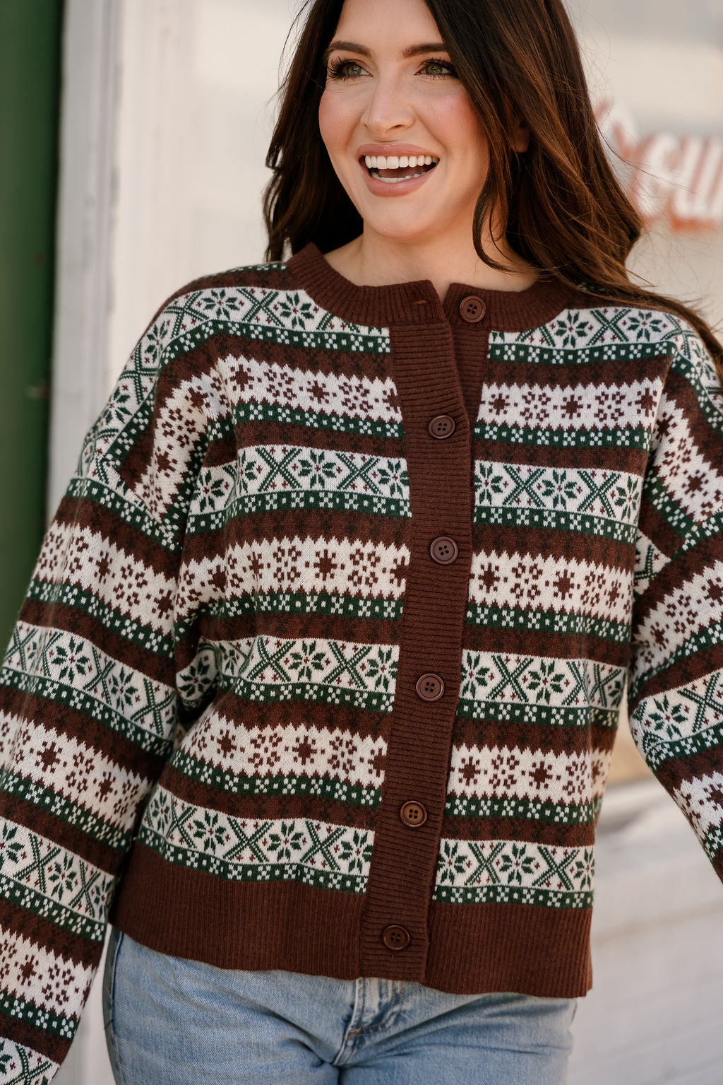 ROUND NECK LONG SLEEVE BUTTON UP GRAPHIC SWEATER CARDIGAN