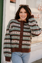 ROUND NECK LONG SLEEVE BUTTON UP GRAPHIC SWEATER CARDIGAN