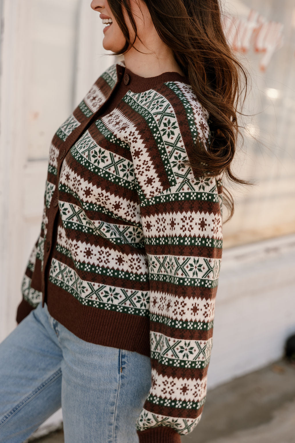 ROUND NECK LONG SLEEVE BUTTON UP GRAPHIC SWEATER CARDIGAN