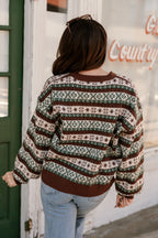 ROUND NECK LONG SLEEVE BUTTON UP GRAPHIC SWEATER CARDIGAN